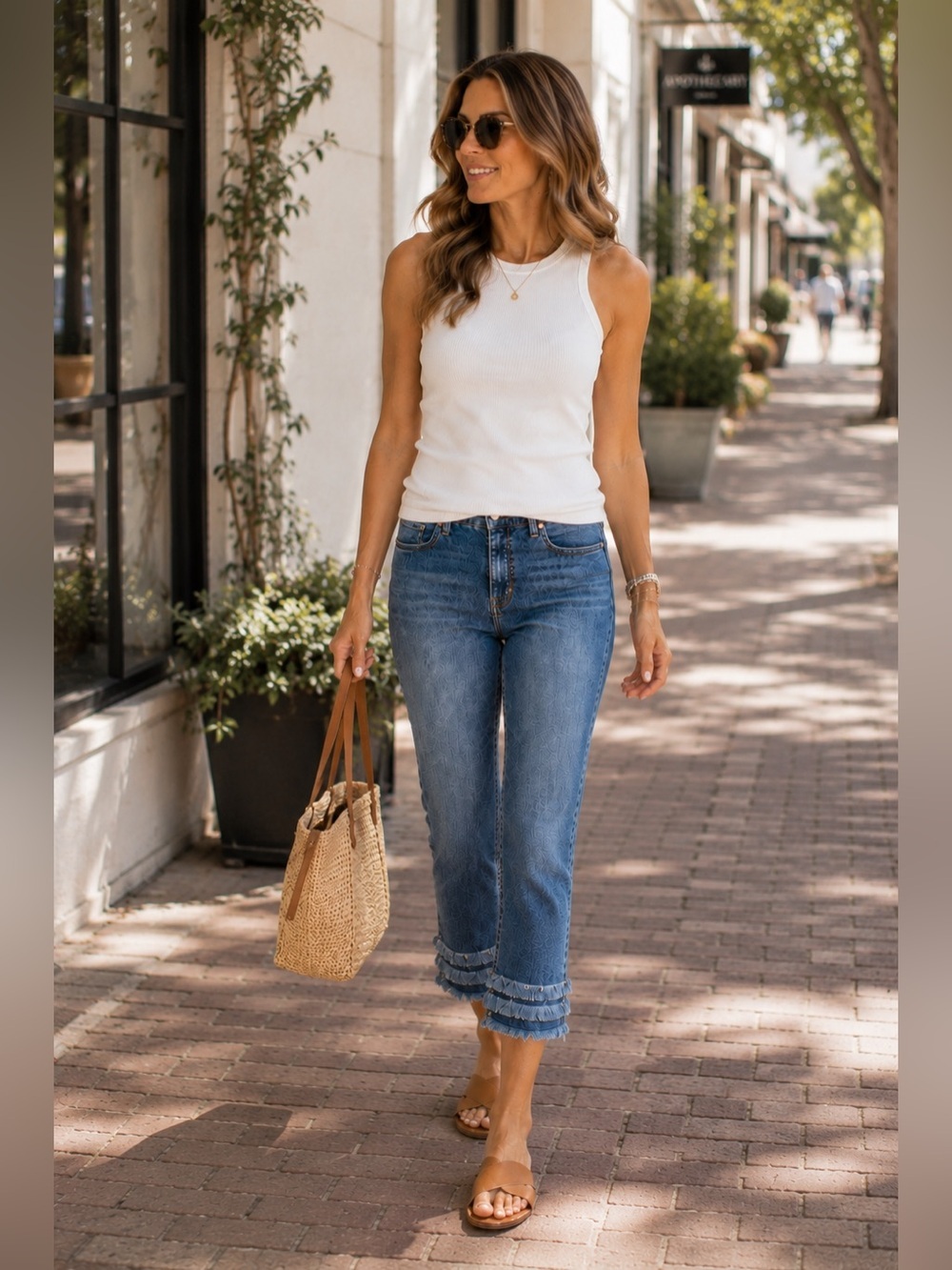 JEN7 by 7 For All Mankind Mid Rise Cropped Straight Jeans Tiered Fringe Hem | 10